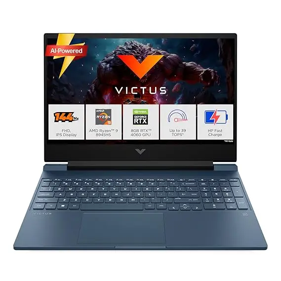 HP Victus, AMD Ryzen 9-8945HS, 8GB RTX 4060, Upgrade (Upto 32GB) 16GB RAM, 1TB SSD, 144Hz, 300nits, IPS, 15.6"/39.6cm, FHD, Win11, M365* Office 24, Blue, 2.29Kg, Backlit, fb3025AX, AI Gaming Laptop