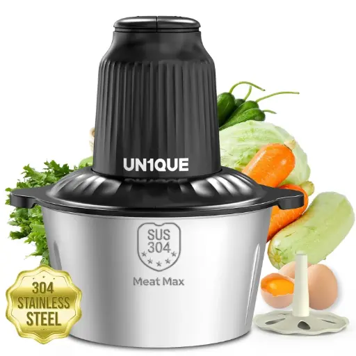 UN1QUE Electirc Chopper for Kicthen, Meat Grinders, 2 Speed Modes, One Touch Operation, 304 Stainless Steel Bowl Food Processor with Egg Whisk & Egg Beater, for Vegetables, Meat, Onion, Garlic (Black)
